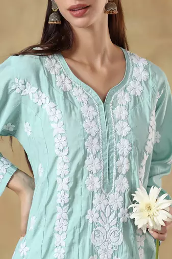 Chinkari green color embroided roman silk kurta for women - v - neck-full sleeves