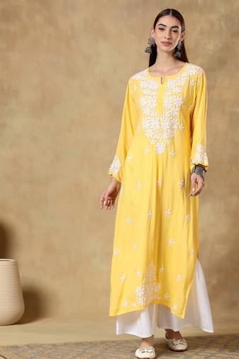 Chinkari yellow  color embroided modal kurta for women - v - neck-full sleeves