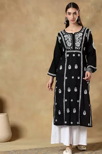 Chinkari black color embroided cotton kurta for women - boat neck-full sleeves