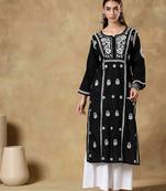 Chinkari black color embroided cotton kurta for women - boat neck-full sleeves