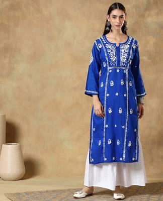 Chikankari blue color embroided cotton kurta for women - boat neck-full sleeves 1