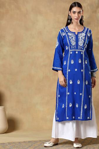 Chinkari blue color embroided cotton kurta for women - boat neck-full sleeves