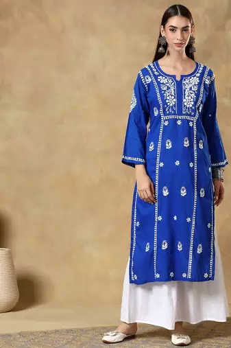 Chinkari blue color embroided cotton kurta for women - boat neck-full sleeves