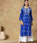 Chinkari blue color embroided cotton kurta for women - boat neck-full sleeves