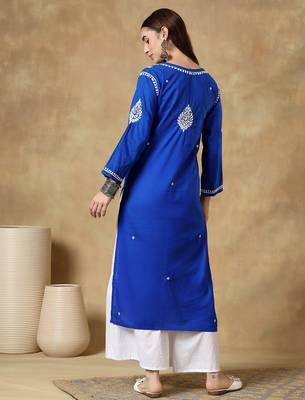 Chikankari blue color embroided cotton kurta for women - boat neck-full sleeves 2