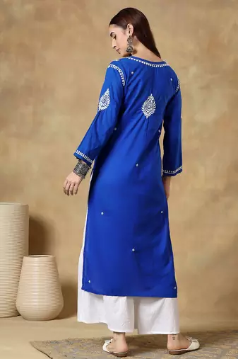 Chinkari blue color embroided cotton kurta for women - boat neck-full sleeves