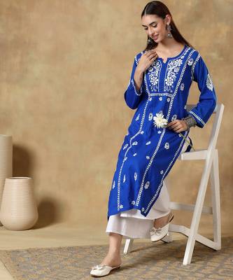 Chikankari blue color embroided cotton kurta for women - boat neck-full sleeves 3