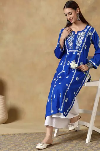 Chinkari blue color embroided cotton kurta for women - boat neck-full sleeves