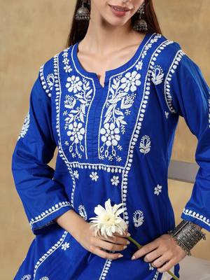Chikankari blue color embroided cotton kurta for women - boat neck-full sleeves 4