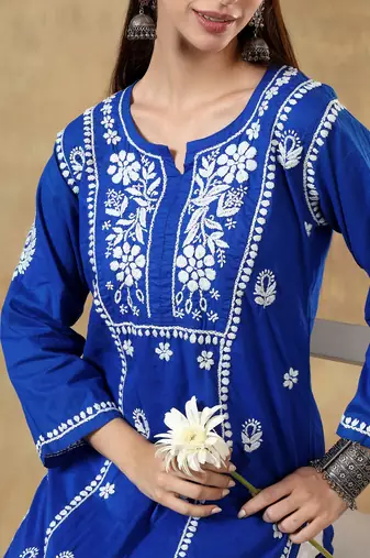 Chinkari blue color embroided cotton kurta for women - boat neck-full sleeves