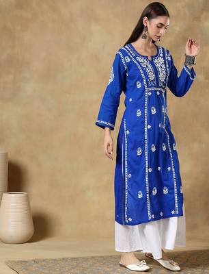 Chikankari blue color embroided cotton kurta for women - boat neck-full sleeves 5