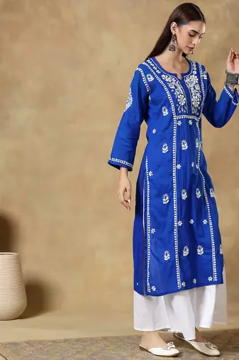 Chinkari blue color embroided cotton kurta for women - boat neck-full sleeves