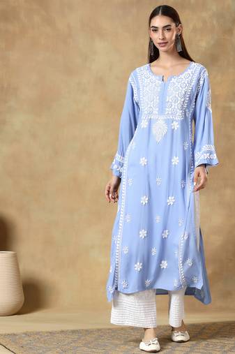 Chinkari blue color embroided modal kurta for women - v- neck-full sleeves