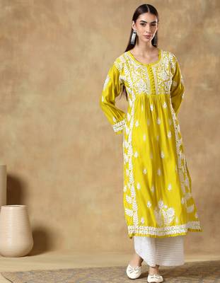Chinkankari yellow  color embroided roman silk kurta for women  1