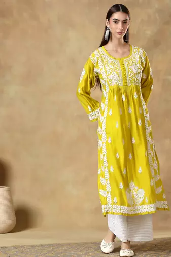 Chinkari yellow  color embroided roman silk kurta for women   - round neck-full sleeves