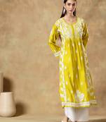 Chinkari yellow  color embroided roman silk kurta for women   - round neck-full sleeves
