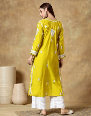 Chinkankari yellow  color embroided roman silk kurta for women  2