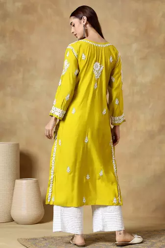 Chinkari yellow  color embroided roman silk kurta for women   - round neck-full sleeves