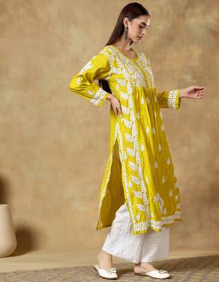 Chinkankari yellow  color embroided roman silk kurta for women  3