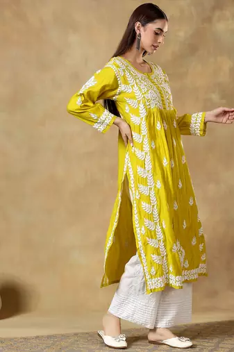 Chinkari yellow  color embroided roman silk kurta for women   - round neck-full sleeves