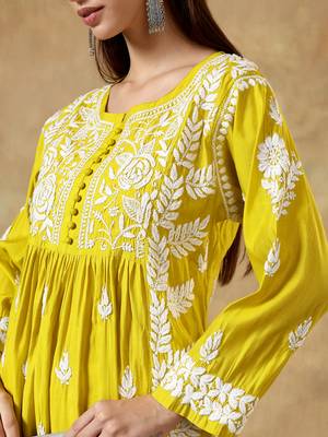 Chinkankari yellow  color embroided roman silk kurta for women  4