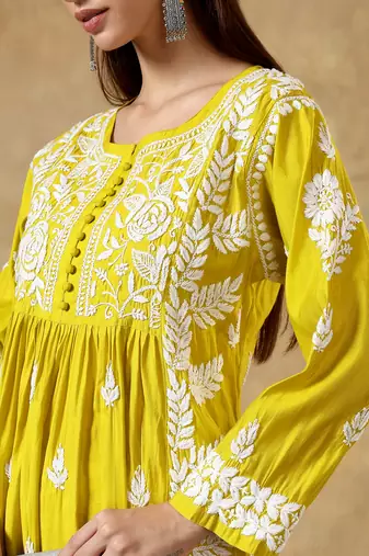 Chinkari yellow  color embroided roman silk kurta for women   - round neck-full sleeves