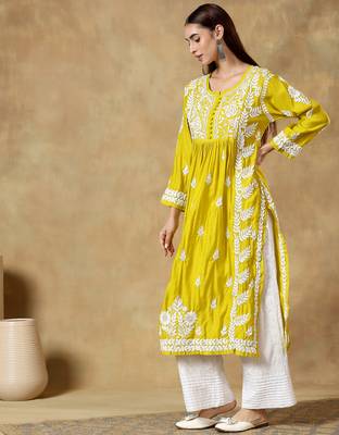 Chinkankari yellow  color embroided roman silk kurta for women  5