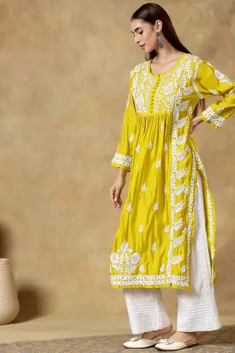 Chinkari yellow  color embroided roman silk kurta for women   - round neck-full sleeves