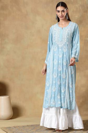Chinkari blue  color embroided muslin  kurta for women  - v - neck-full sleeves
