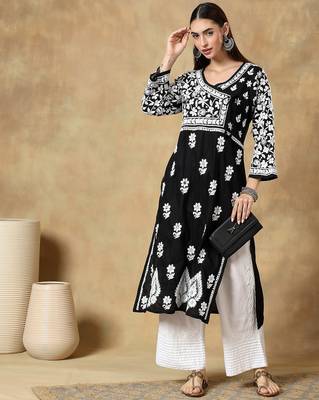 Women   s Black & White Chikankari Embroidered Kurta with Palazzo Set 1