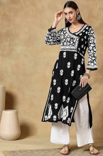 Chinkari black color embroided cotton kurta for women - v- neck-full sleeves