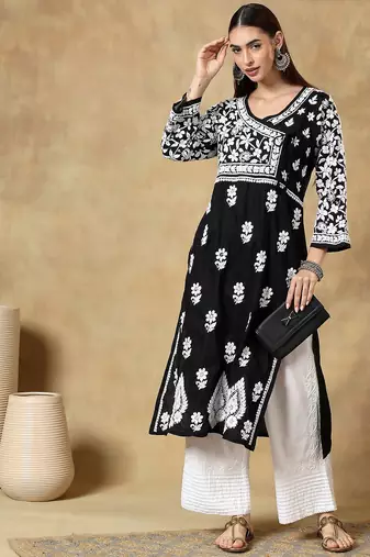 Chinkari black color embroided cotton kurta for women - v- neck-full sleeves