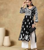 Chinkari black color embroided cotton kurta for women - v- neck-full sleeves