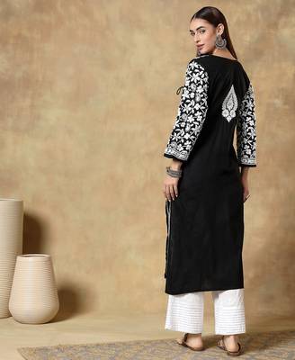 Women   s Black & White Chikankari Embroidered Kurta with Palazzo Set 2