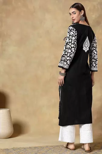 Women’s Black & White Chikankari Embroidered Kurta with Palazzo Set