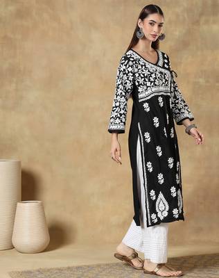 Women   s Black & White Chikankari Embroidered Kurta with Palazzo Set 3