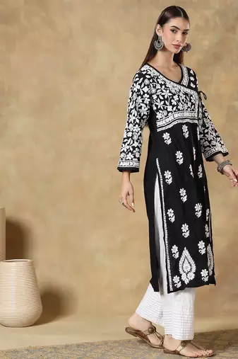 Women’s Black & White Chikankari Embroidered Kurta with Palazzo Set