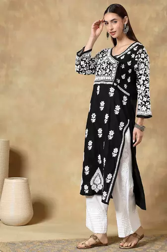 Women’s Black & White Chikankari Embroidered Kurta with Palazzo Set