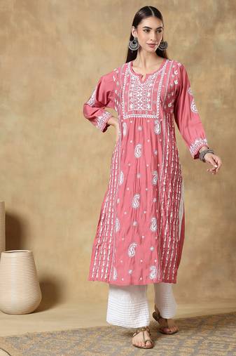 Chinkari muave  color embroided roman silk kurta for women   - round neck-full sleeves
