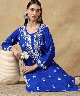 Chikankari blue color embroided cotton kurta for women - round neck-full sleeves 1