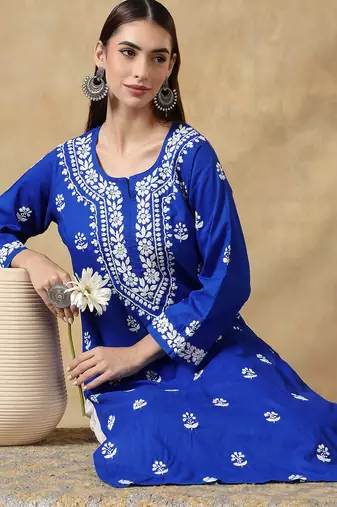 Chinkari blue color embroided cotton kurta for women - round neck-full sleeves