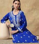 Chinkari blue color embroided cotton kurta for women - round neck-full sleeves