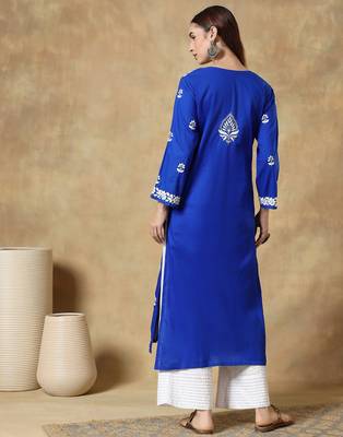 Chikankari blue color embroided cotton kurta for women - round neck-full sleeves 2