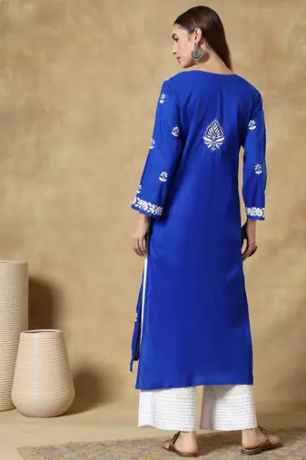 Chinkari blue color embroided cotton kurta for women - round neck-full sleeves