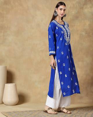 Chikankari blue color embroided cotton kurta for women - round neck-full sleeves 3