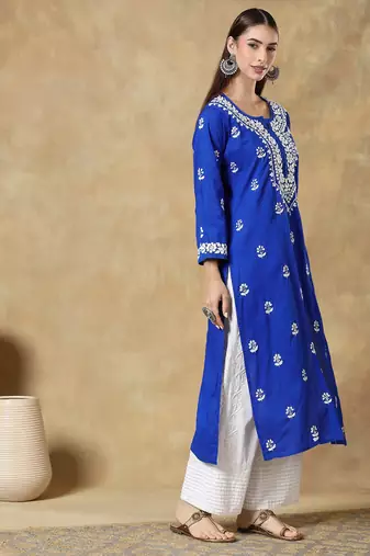 Chinkari blue color embroided cotton kurta for women - round neck-full sleeves