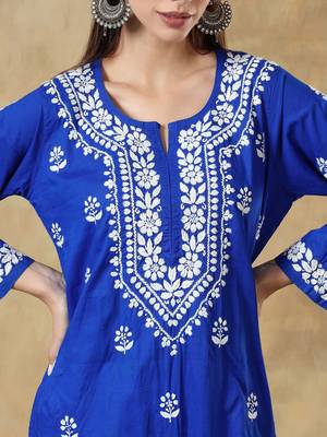 Chikankari blue color embroided cotton kurta for women - round neck-full sleeves 4
