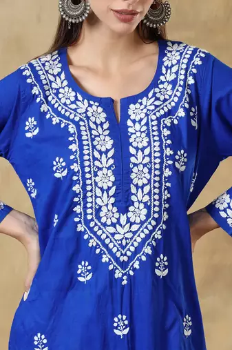 Chinkari blue color embroided cotton kurta for women - round neck-full sleeves