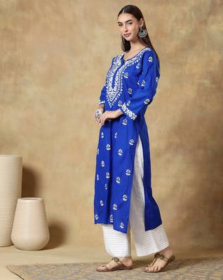 Chikankari blue color embroided cotton kurta for women - round neck-full sleeves 5