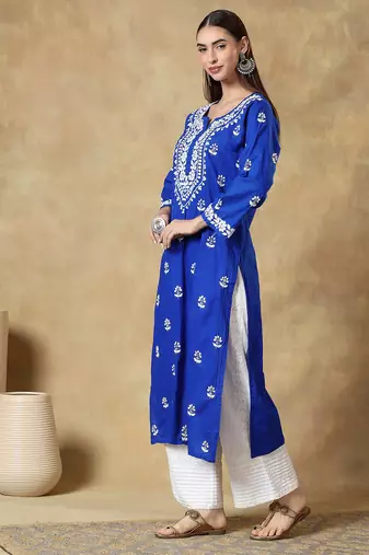 Chinkari blue color embroided cotton kurta for women - round neck-full sleeves